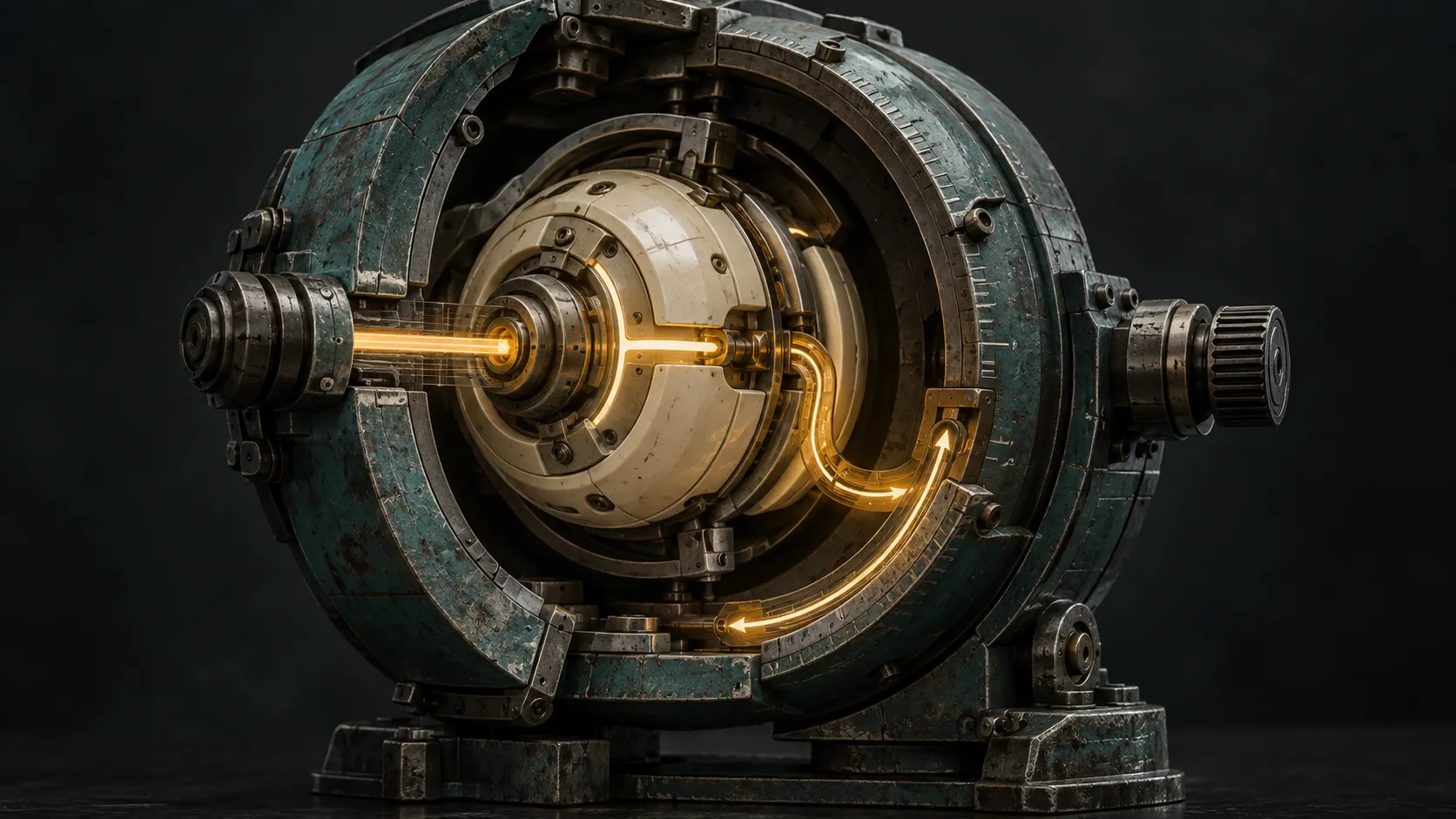 A mechanical core inside a teal control ring, with amber light paths connecting the inner mechanism and outer housing