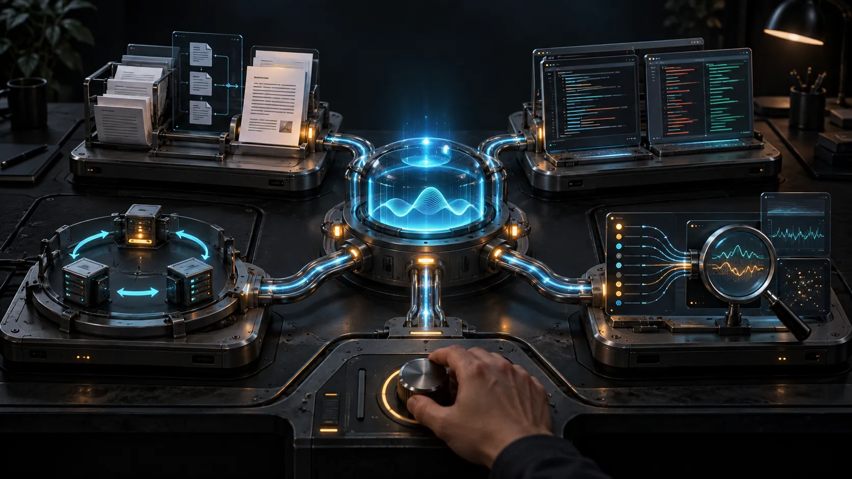 A human operates a central control hub connecting user stories, code review, runtime QA, and incident investigation workflows
