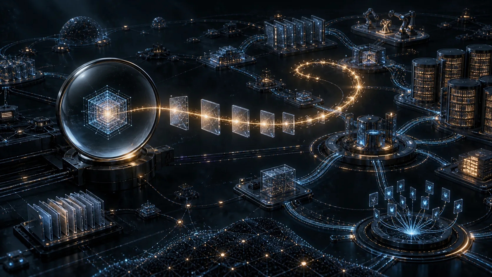 A glowing model core viewed through a lens, connected to a larger network of tools, memory and feedback loops.