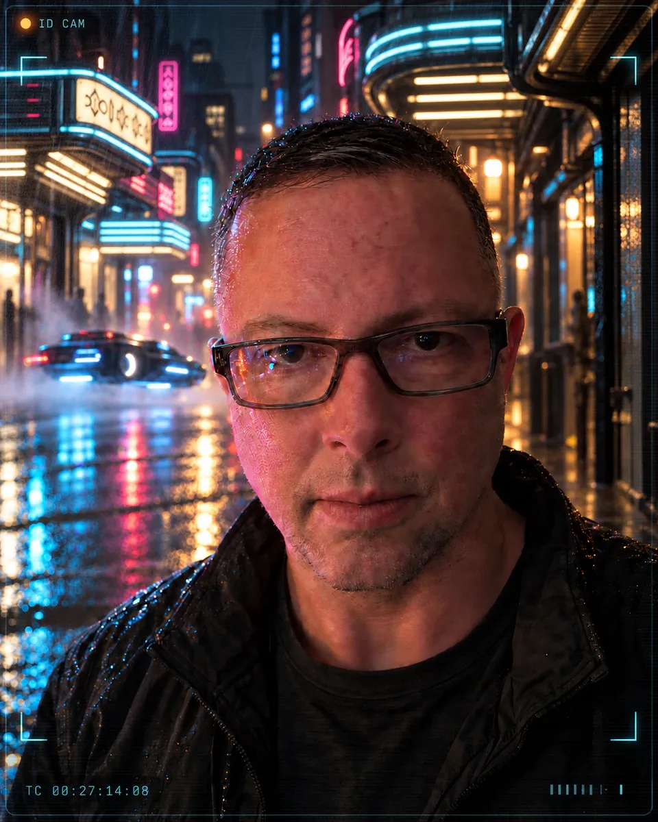 Portrait of Demian Brecht in a rain-soaked jacket on a neon-lit city street at night, framed by a camera HUD.