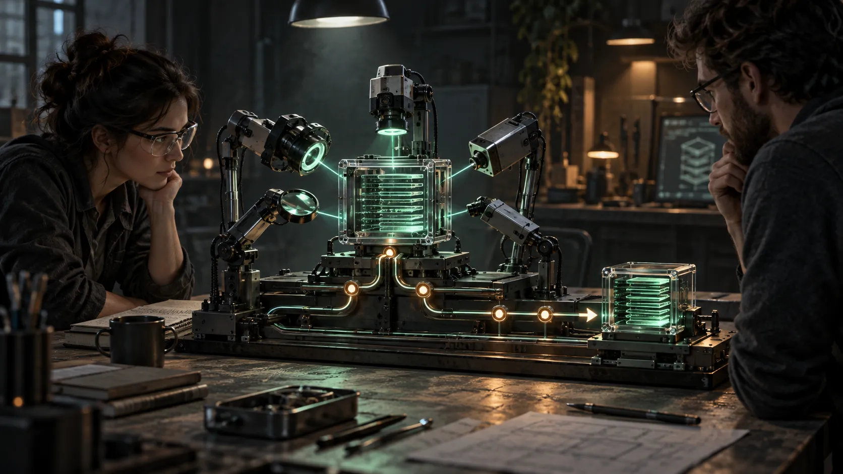 Two engineers studying a compact mechanical review rig as multiple instruments inspect a shared code module