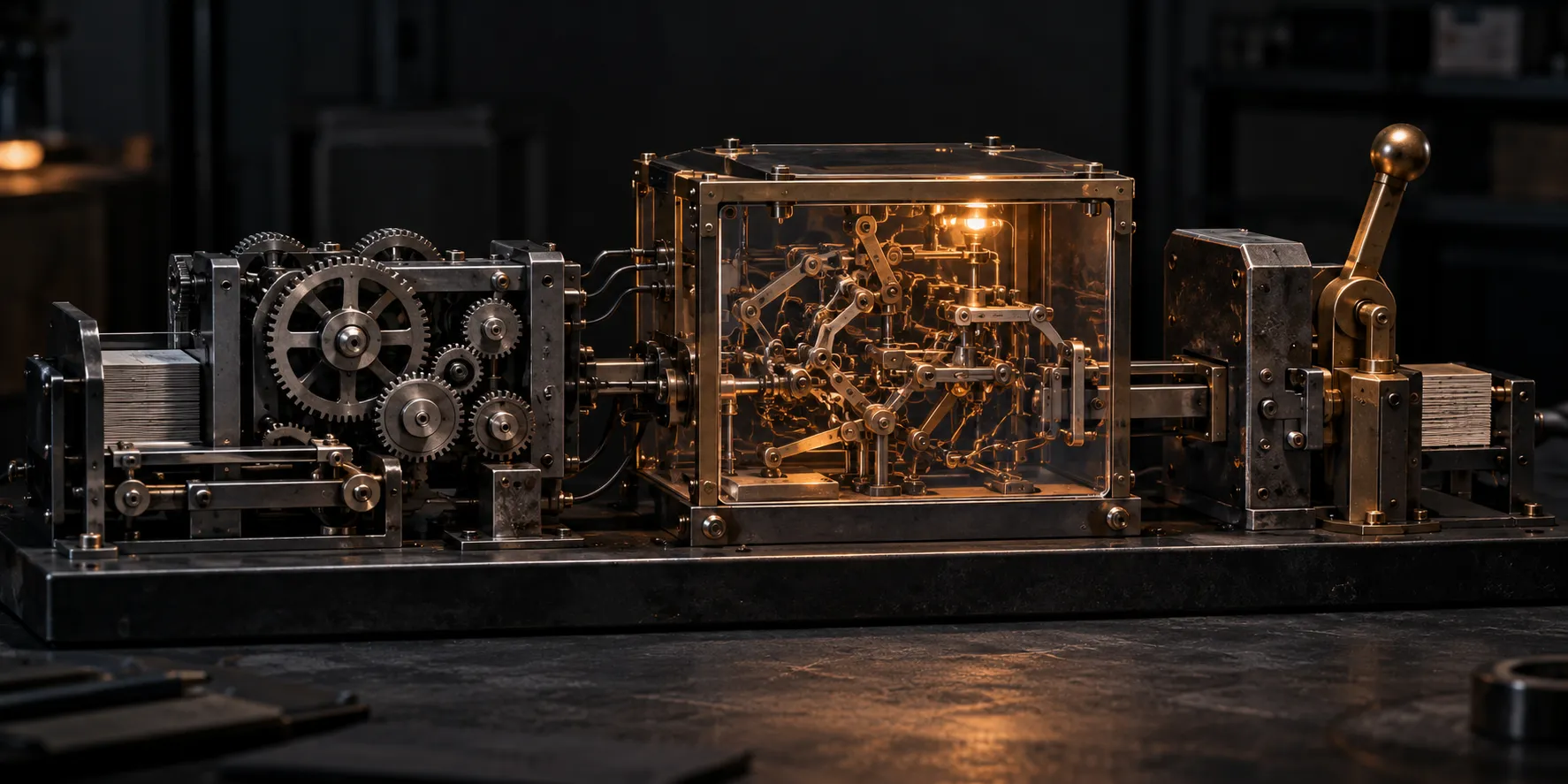 Exposed gears, a glass-walled chamber of glowing linkages, and a hand-operated lever share one workbench: software, an agent, and a person each owning part of the work