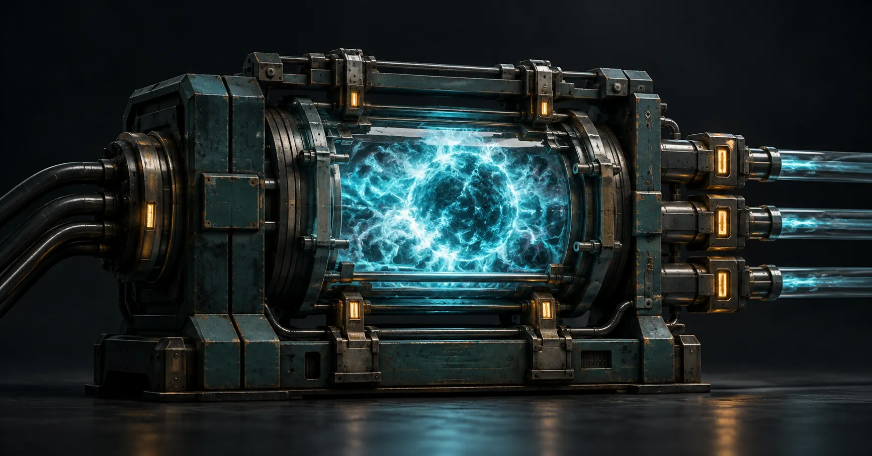 A turbulent cyan energy core contained inside a precise industrial machine with fixed output channels
