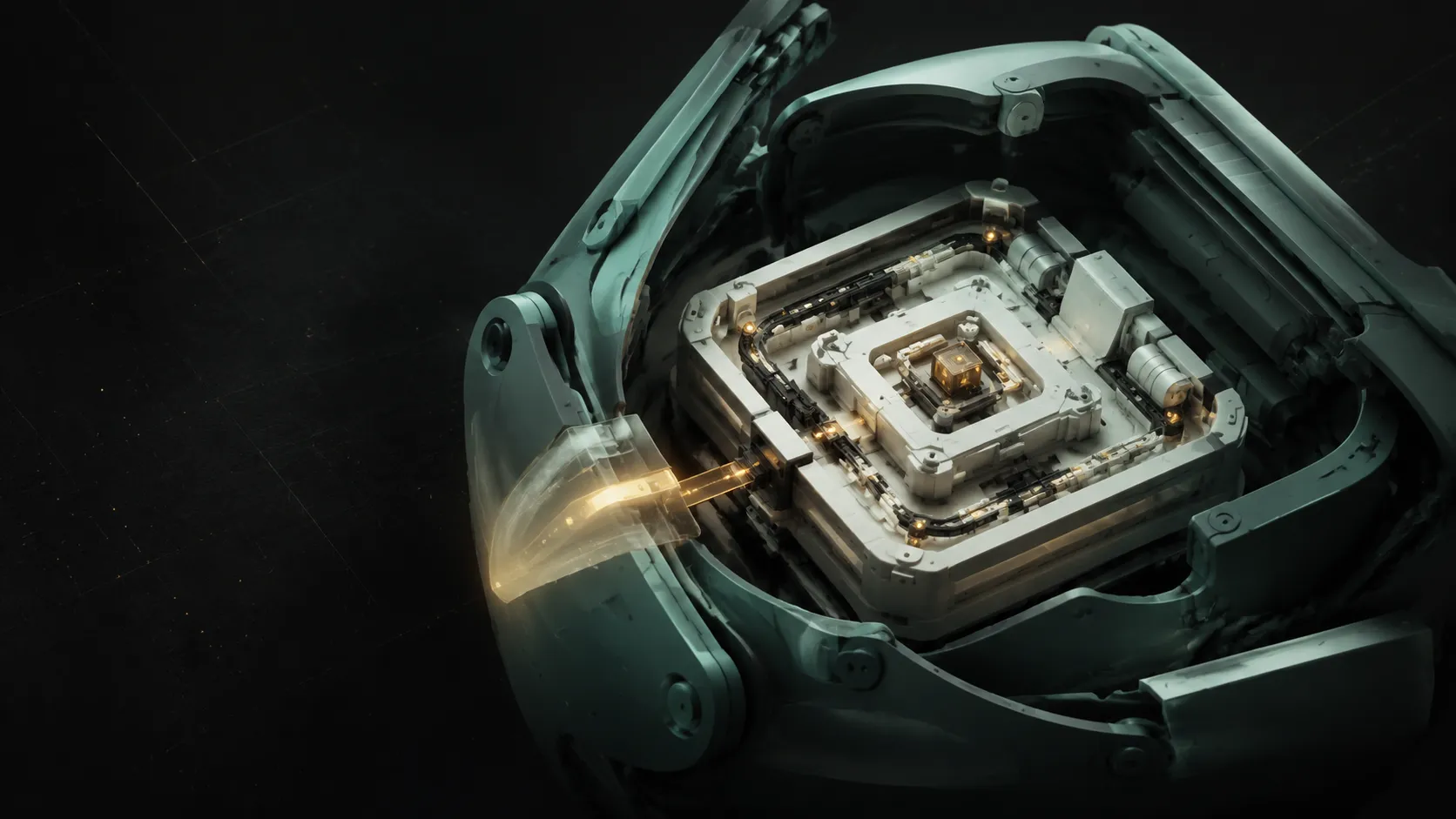 A mechanical outer shell opened to reveal a smaller illuminated mechanism within